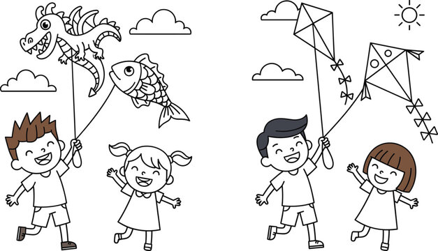 Happy children flying kites together vector illustration, joyful kids playing outdoors under sunny sky, cute cartoon style design for summer fun and happiness concept