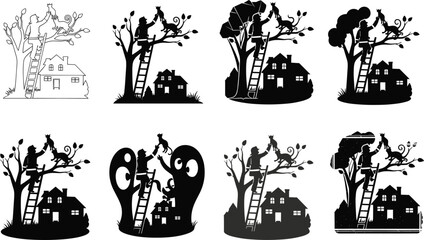 Fototapeta premium Silhouette man rescuing cat from tree near house, black and white vector illustration, pet rescue concept, heroic outdoor neighborhood scene design