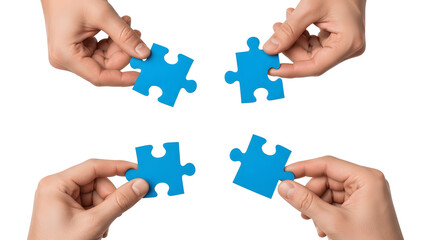Four hands holding blue puzzle pieces isolated on transparent background