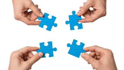 Four hands holding blue puzzle pieces isolated on transparent background