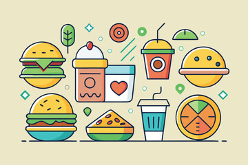 Whimsical Fast Food Icons Collection Featuring Burgers, Pizza, Fries, Sodas and Smoothie Cup Illustrations