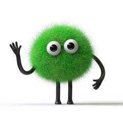 Fluffy, cute monster waving, symbolizing greeting or friendliness. 3D rendering, conceptual image. Isolated on white background.