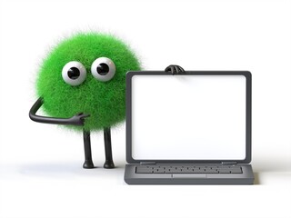 Fluffy, cute monster presenting a laptop, symbolizing tech support or digital learning. 3D rendering, conceptual image. Isolated on white background.