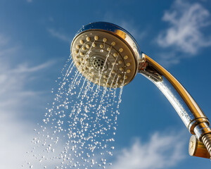 Refreshing shower spray cascades against a bright blue sky with wispy clouds, evoking a sense of clean vitality and outdoor freedom.
