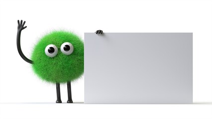 Fluffy, cute monster holds a blank sign, symbolizes information and advertising display. 3D rendering, conceptual image. Isolated on white background.