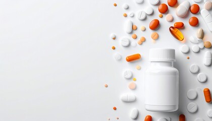 Pills and medication bottle on white background with healthcare and medical concept.