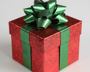 Sparkling red and green glitter gift box with a festive bow, perfect for holiday celebrations and special occasions.