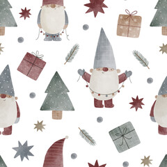 Cute watercolor Christmas gnomes. Christmas decorations and characters. Watercolor elements on a white background. Hand drawn new year seamless pattern
