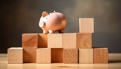 Pink Piggy Bank atop Wooden Blocks with Representing Financial Growth and Saving.