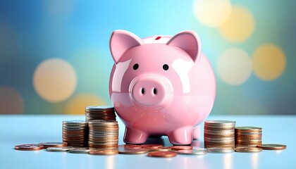 Pink Piggy Bank with Coins with Savings Concept, Financial Security, and Bokeh Background.