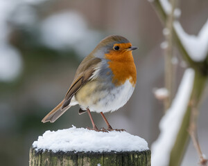 Charming robin perched on a snow-covered post amidst a serene winter landscape, a perfect symbol of resilience and nature's beauty