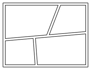 Black and white vector comic book page layout template with five different empty panels. Clean and versatile graphic element for comic art, graphic novels, cartoons, and visual storytelling projects. 