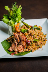 Exquisite culinary arrangement of delicious food, meticulously arranged on a plate. The dish looks incredibly appetizing and tempting.