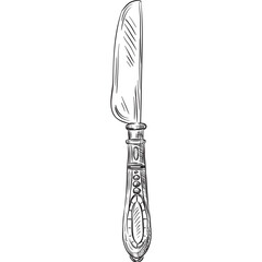 Black and White Line Drawing of an Ornate Butter Knife with Detailed Handle on Transparent Background