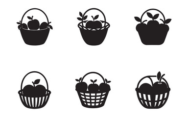 Fototapeta premium Collection of Black Apple Basket Silhouettes for Harvest and Market Designs Minimalist Icons