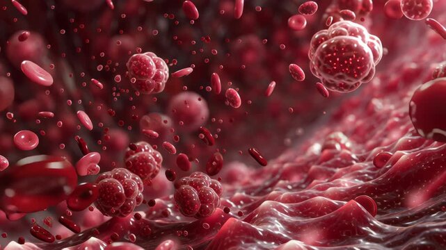 Immersive bloodstream cinematic journey with flowing red blood cell platelets plasma microscopic cellular landscape conveying