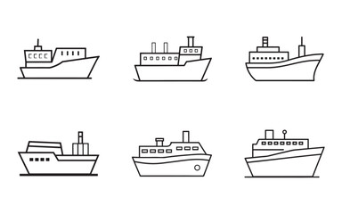 Obraz premium Collection of boat and ship vector line icons representing various maritime vessels on a white background