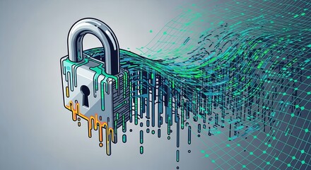 A metallic padlock dissolving into a flowing stream of digital data, symbolizing a cybersecurity breach or data leak.