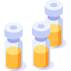 Three Isometric Medical Vials Containing Yellow Liquid With Blue Caps And Transparent Background Medical Healthcare And Pharmacy Concept