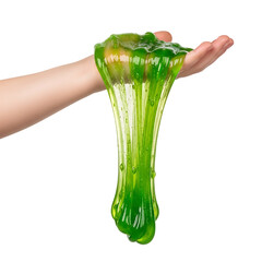 Childs hand holding dripping green slime toy fun sensory play. Isolated on transparent background, png