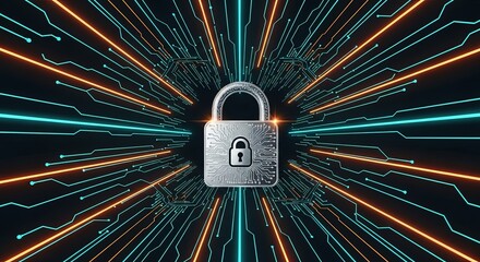 A central padlock symbolizing digital security with glowing circuit lines representing data protection and privacy.
