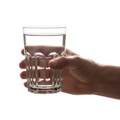 Hand holding a clear glass filled with refreshing iced coffee beverage. Isolated on transparent background, png