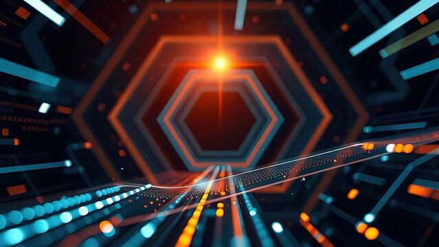 Abstract geometric patterns and light trails in modern tech aesthetic.