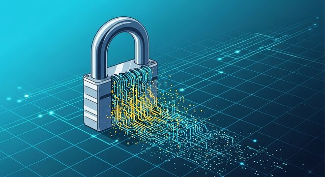A digital padlock dissolving into data particles, symbolizing a cybersecurity breach or data loss. - Powered by Adobe