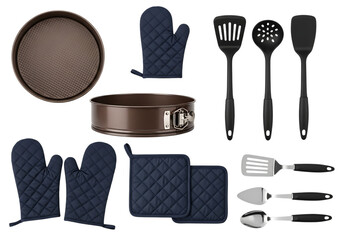 Essential kitchen utensil set for cooking baking and grilling fun. Isolated on transparent background, png