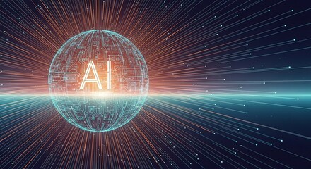 Artificial Intelligence concept with a glowing digital orb and light trails representing neural networks and big data.