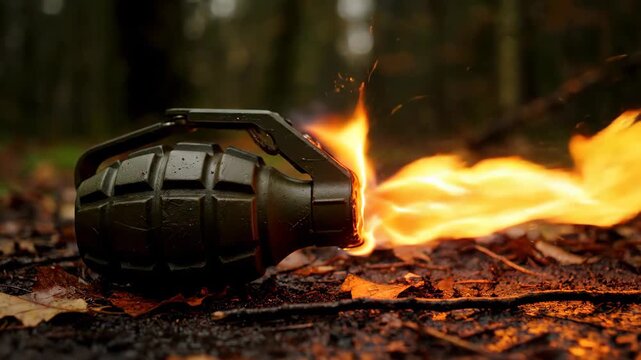 Incendiary grenade ignites on the forest floor, creating a fiery explosion.