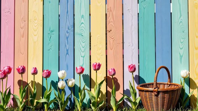 Vibrant Tulips Blooming Against a Multicolored Wooden Fence with a Rustic Wicker Basket in a Springtime Garden