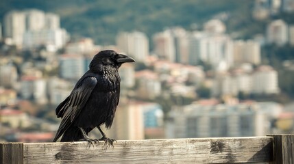 Large black bird perches on a wooden railing overlooking a distant urban panorama