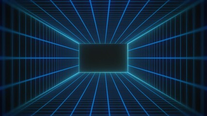 Glowing Blue grid pattern and Cyan neon lines creating a frame on a black background for tech themes, retro aesthetics, virtual reality-inspired visual projects and interfaces - Powered by Adobe