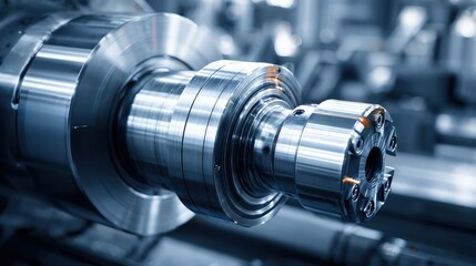 Fototapeta premium A close-up view of a shiny, metallic machine component, showcasing precision engineering and intricate design in a manufacturing environment.