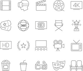 Collection of cinematic entertainment and movie related line art icons for visual storytelling