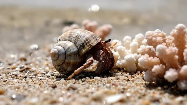 Hermit crab with shell on sand near coral