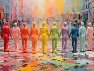 Naklejka premium 虹色の人型フィギュアが手をつないで並ぶ多様性と団結を表現したアート作品の写真