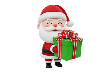 Cute cartoon santa claus character holding a green gift box with red ribbon isolated on transparent background