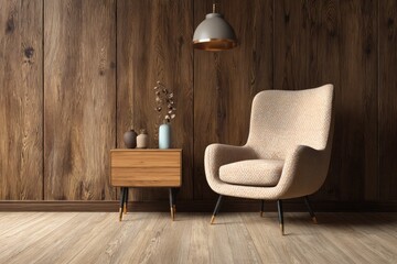 Cozy armchair and minimalist nightstand against a warm wood paneled wall.