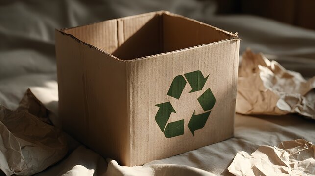 Corrugated cardboard container displays a green symbol for material reclamation.