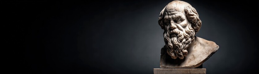 Obraz premium A detailed marble bust of a wise, bearded philosopher, illuminated against a dark background, illustrating ancient intellect and legacy.