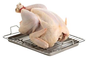 a whole halal raw chicken on a tray on transparent background. whole raw chicken on tray png