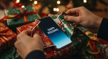 Unwrapping a new smartphone with a 'Happy Holidays' message. Perfect for holiday gift guides, tech promotions, seasonal greetings, digital marketing, and Christmas technology campaigns.