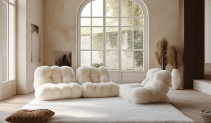 Fluffy white wool cloud shaped sofa and armchair in front of large windows with light against a beige wall in a minimalistic elegant space with soft carpet
