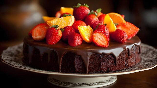 Decadent dark chocolate cake adorned with fresh strawberries and orange slices rests upon an antique serving platter