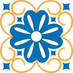 Blue and Yellow Floral Motif Decorative Element Seamless Pattern with Swirls and Squares on Transparent Background