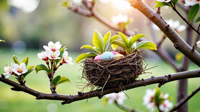 Vibrant Spring Blossom with Colorful Easter Egg Nest Perched on Flowering Branch in Sun-dappled Garden Setting