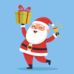 Happy Santa Claus holding a green gift and bell, blue background. Christmas celebration and festive cheer