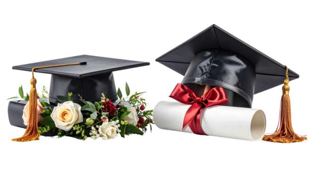 Graduation bundle with caps and rolled diplomas in assorted styles isolated on transparent background